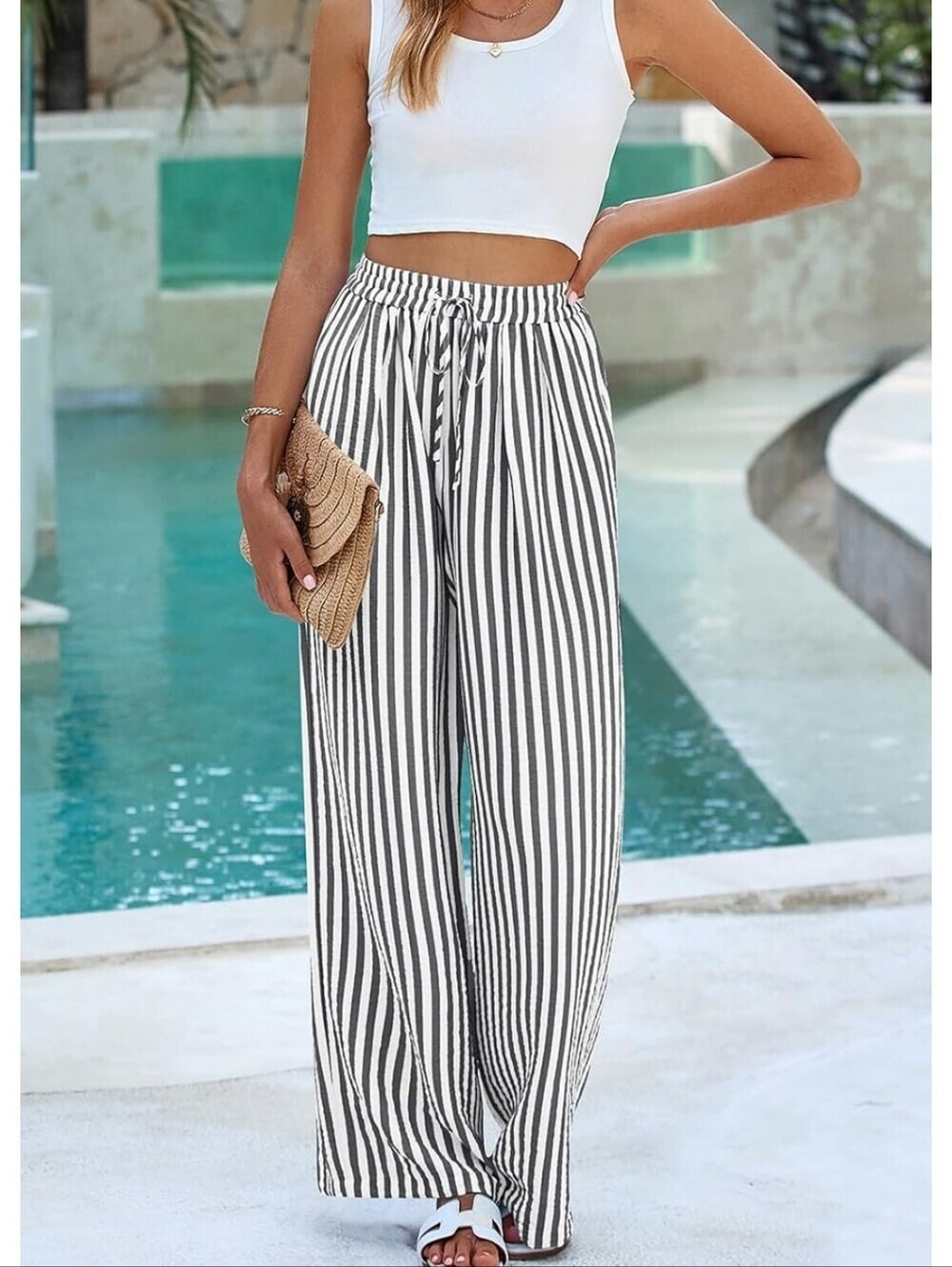 Striped High-Waist Wide-Leg Pants - Black & White